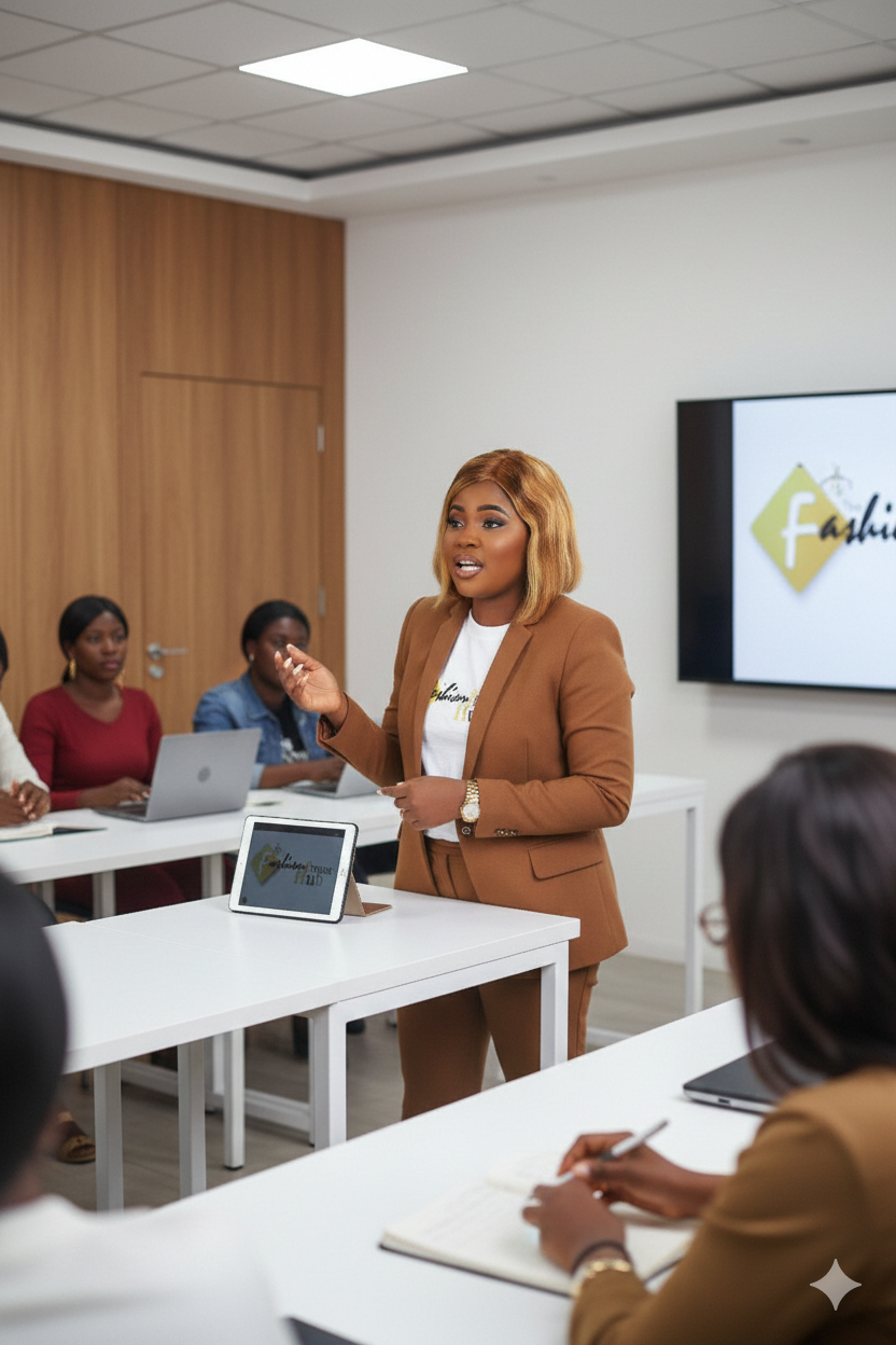 Thelma teaching a fashion operations workshop